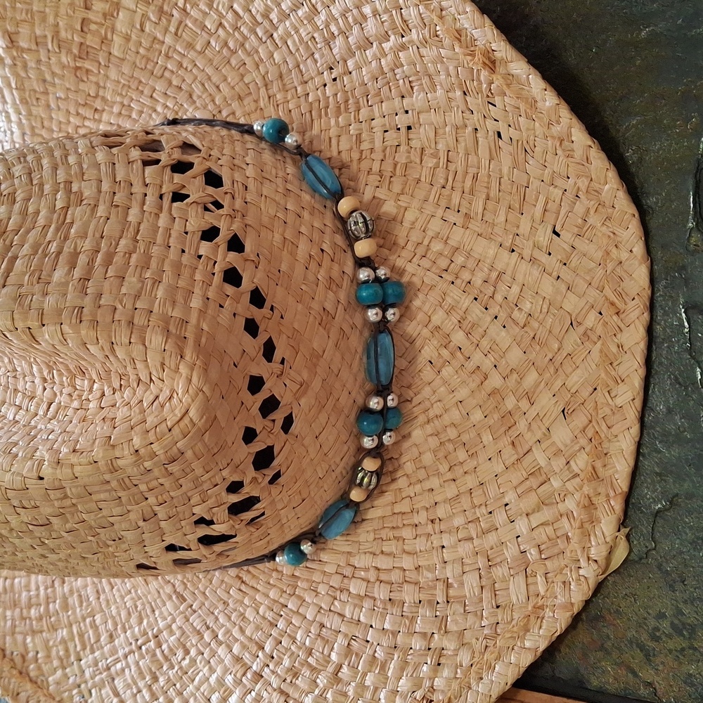 Straw Cowboy Hat with Faux Turquoise Beads - Picture 2 of 8